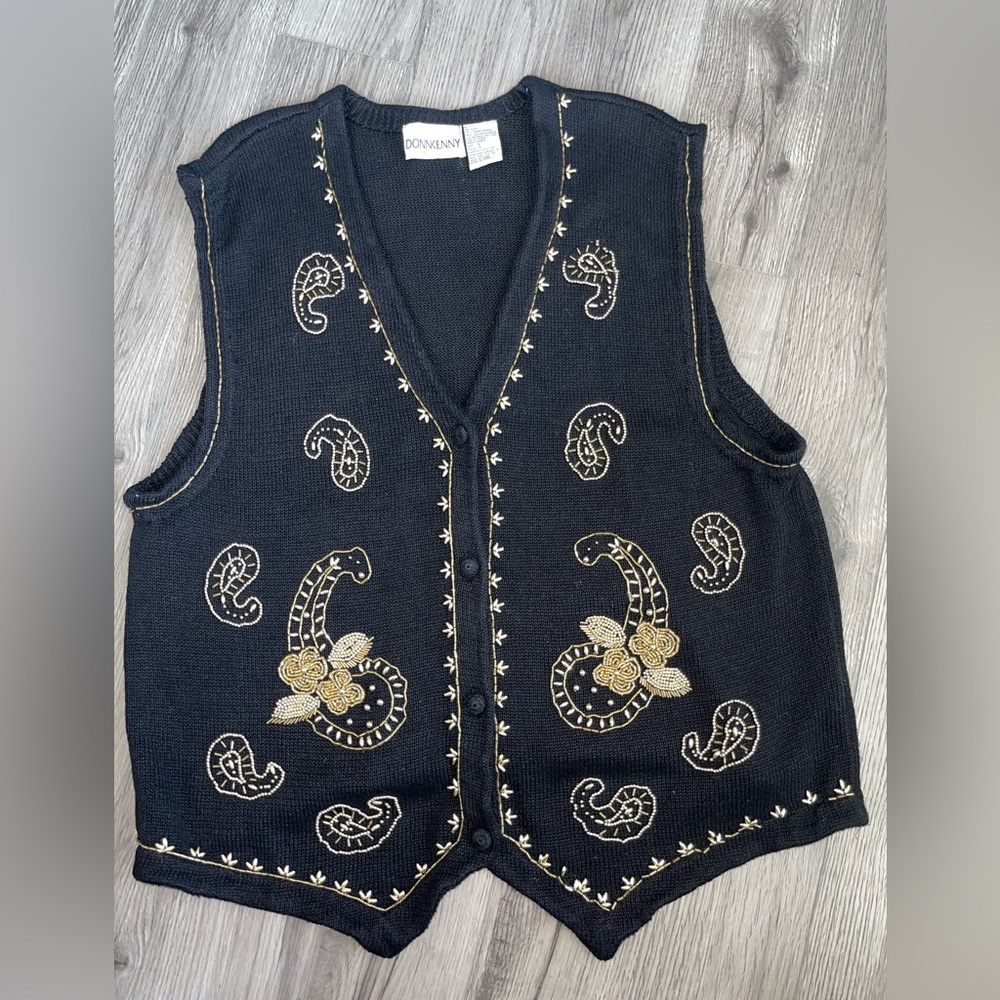 Vintage Donnkenny Women’s Sweater Vest‎ Black with Gold Beading Size Large